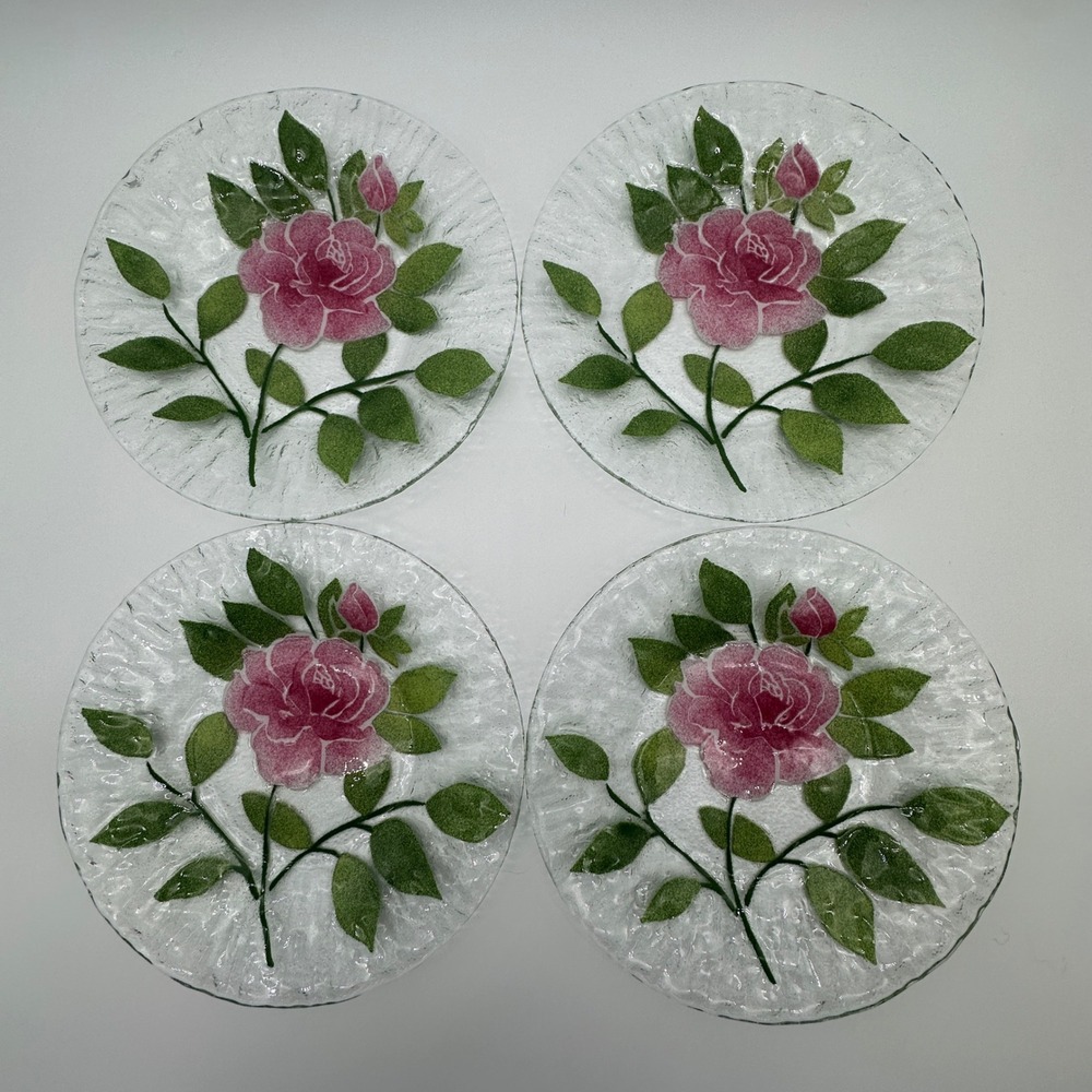 Sydenstricker Fused Glass Pink Rose Plates Set of 4 Signed Syd Cape Cod 8.25in